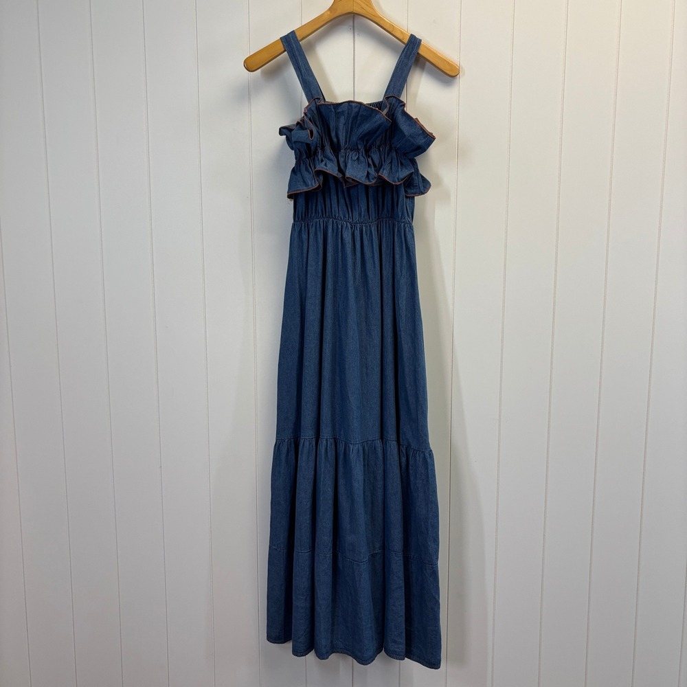 Italian Boho Festival Chambray Denim Maxi Dress Women Size S Cottage Prairie